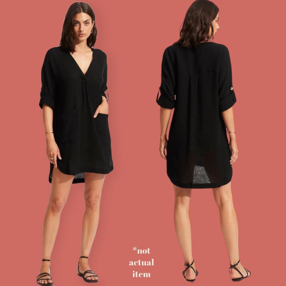 MEDIUM SEAFOLLY AUSTRALIA ESSENTIAL SWIMSUIT BEACH COVER UP BLACK 100% COTTON